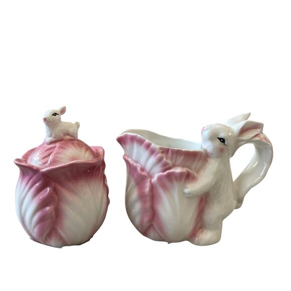 Corner Ruby Spring Collection Pink Cabbage & Bunny Creamer & Sugar Bowl New - Picture 1 of 16